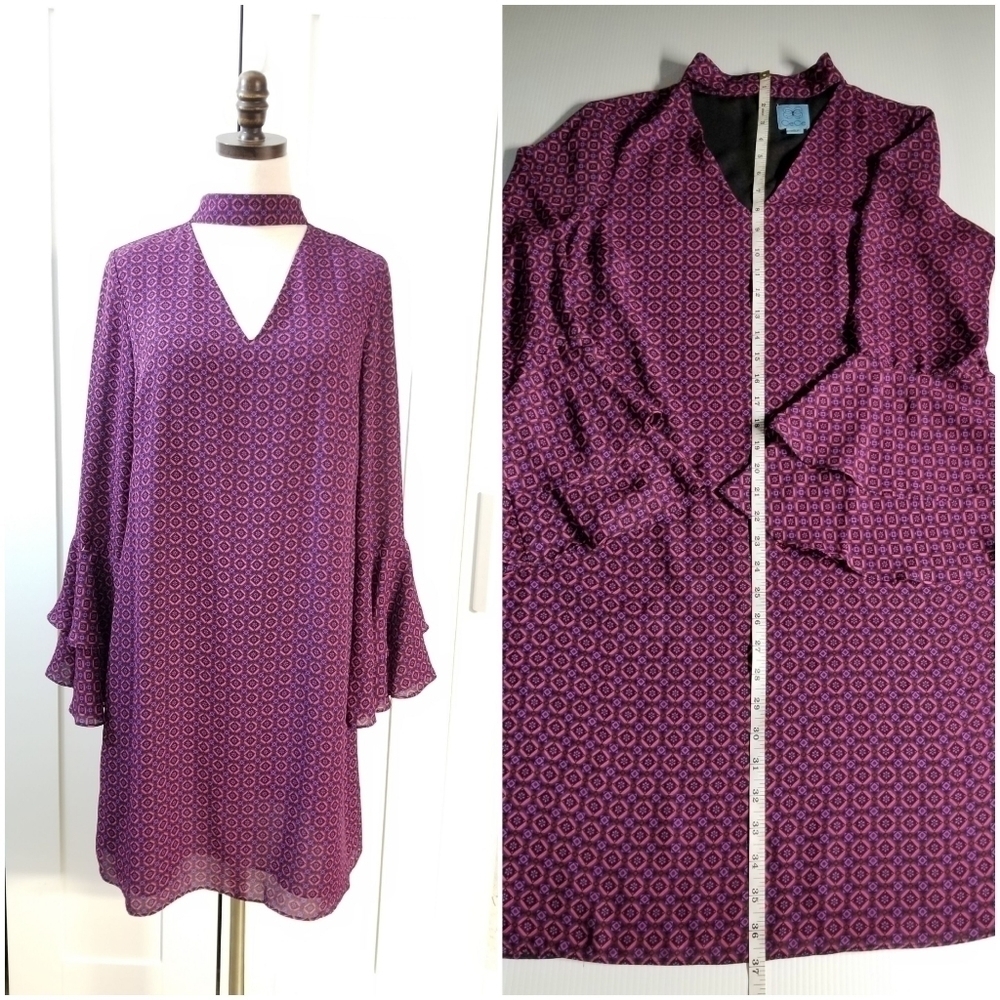 Cece Purple and Pink Halter Vneck Casual Dress, Bell sleeve knee Length Dress - Picture 3 of 9